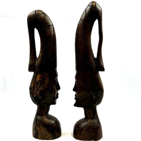 Set of 2 African bust Hand Carved man woman detailed Vintage beard 8.5? tall - Picture 1 of 8